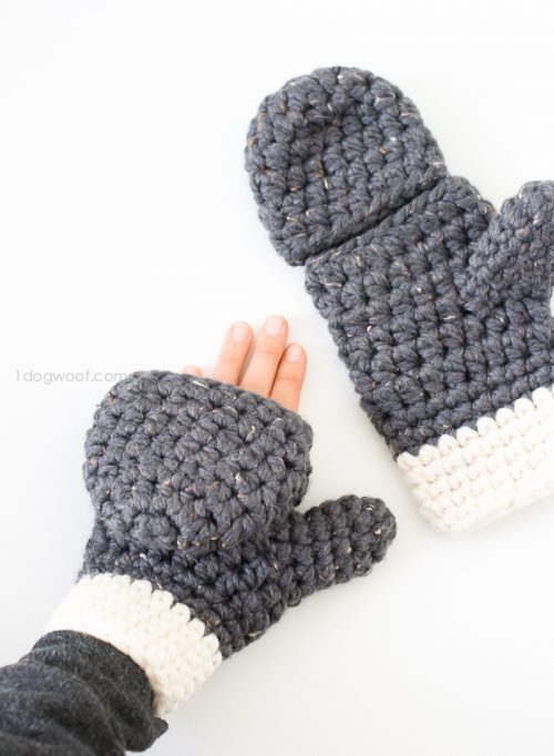 grey and white crochet mittens