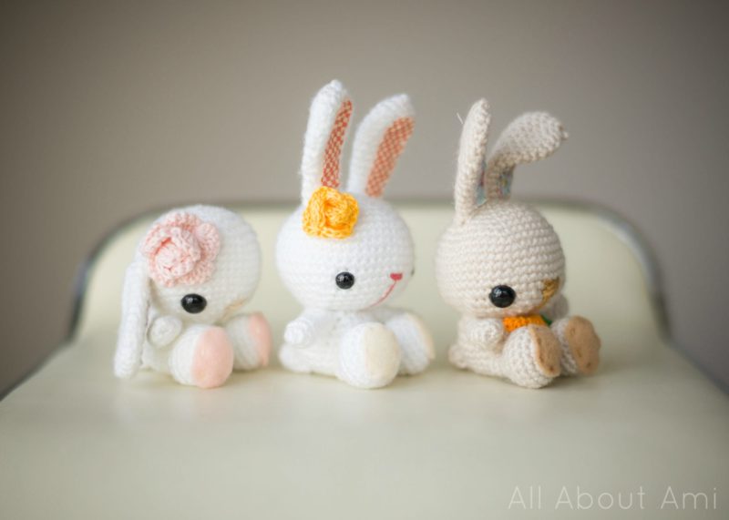 three crochet bunnies