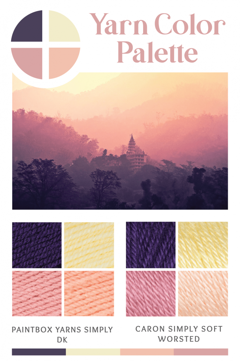 yarn color palette of blush pink, yellow and purple